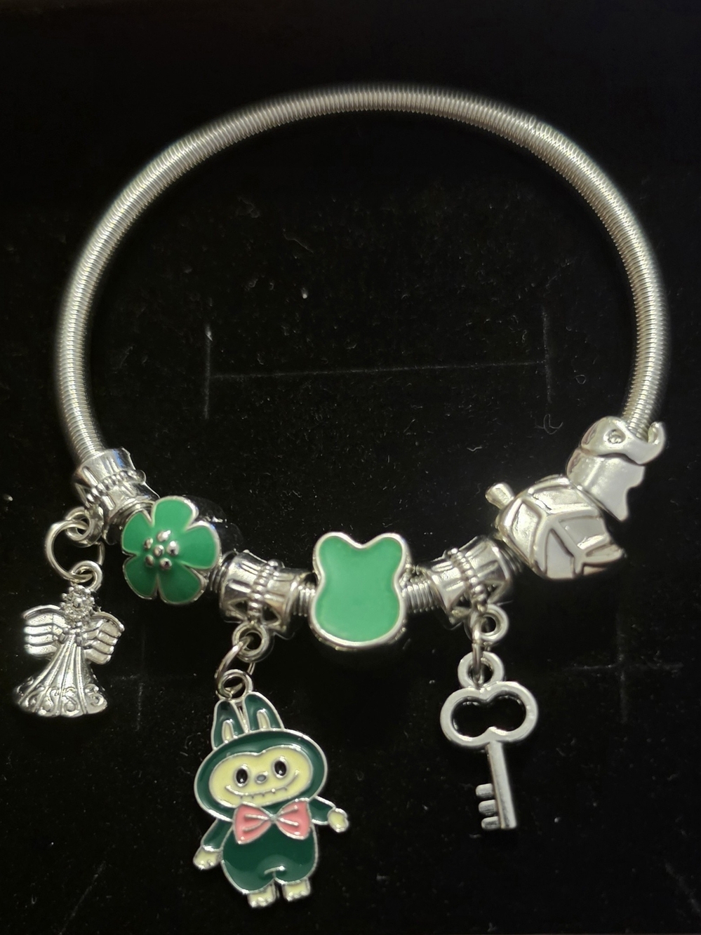 Silver Charm Bracelet with Green Enamel Accents